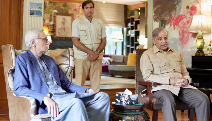 Istehkam-e-Pakistan Party (IPP) patron-in-chief Jahangir Khan Tareen (left) in meeting with Pakistan Muslim League-Nawaz (PML-N) President Shehbaz Sharif. — X/@TheSaadKaiser