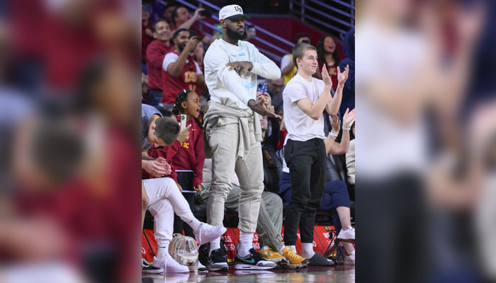 LeBron James celebrates his son Bronny James (not pictured) hitting a 3-point basket in the 2nd half against the Long Beach State 49ers at Galen Center on December 10, 2023, in Los Angeles, California, US. — Reuters