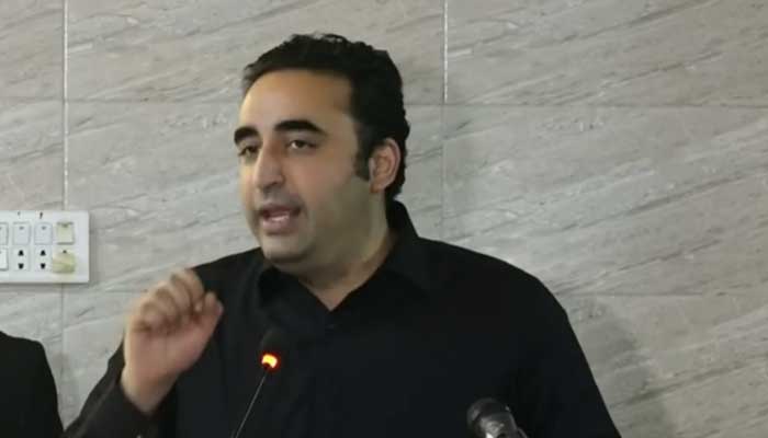 PPP Chairman Bilawal Bhutto is addressing lawyers at Peshwar High Court bar in this still taken from a video on December 13, 2023. — X/PPP_Org