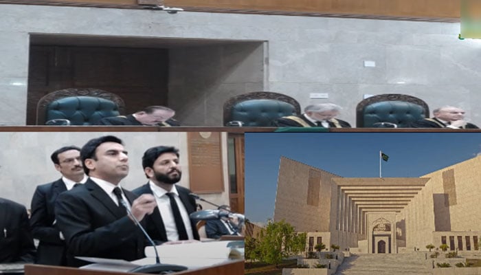 ECP lawyer giving arguments to CJP Qazi Faez Isa-led bench in the Supreme Court on December 15, 2023 in this still taken from a video. — YouTube/Geo News