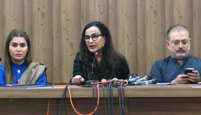 (Left to right) PPP leaders Senator Sherry Rehman, Shazia Marri, and Sharjeel Memon during a press conference in this still taken from a video. — YouTube/GeoNews