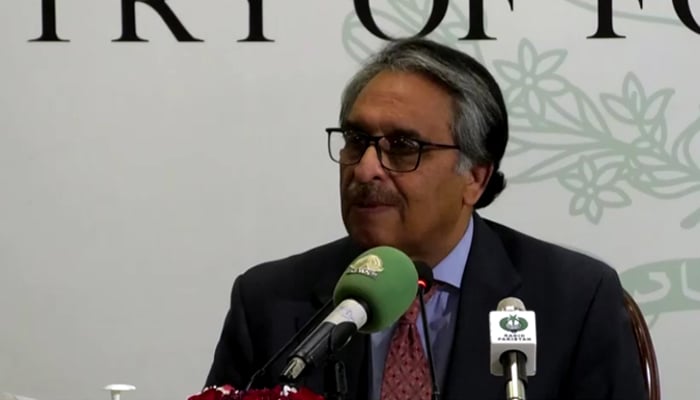 Caretaker Foreign Minister Jalil Abbas Jilani addressing a press conference in Islamabad, on December 11, 2023, in this still taken from a video. — Reuters