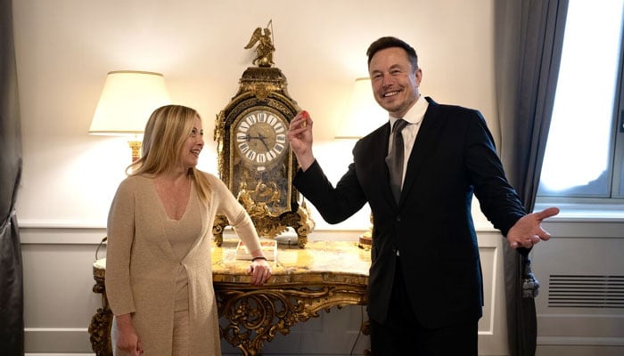 Giorgia Meloni and Elon Musk in Rome, Italy, on June 15. — X/@palazzochiggipressoffice