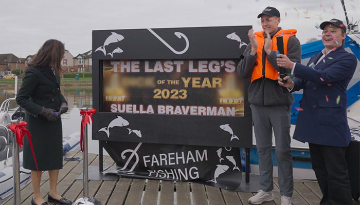 Suella Braverman gets pranked at a small boat naming ceremony for a fake fishing firm. — X/@joshua_pieters