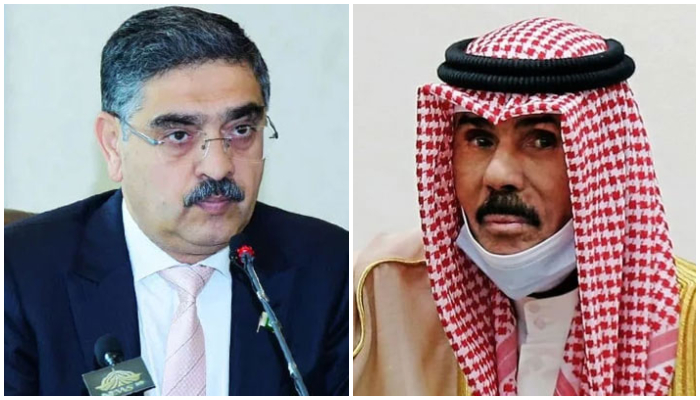 Prime Minister Anwaar-ul-Haq Kakar (left) and deceased Kuwaiti Emir Sheikh Nawaf Al Ahmad Al Jaber Al Sabah. — PMs Office/AFP/File