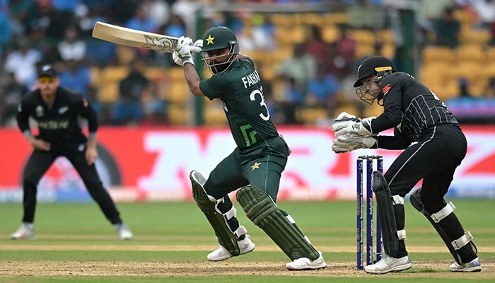 Pakistans Fakhar Zaman is seen here in action during a match with New Zealand at the M Chinnaswamy Stadium in Bengaluru, India on November 4, 2023. — Reuters