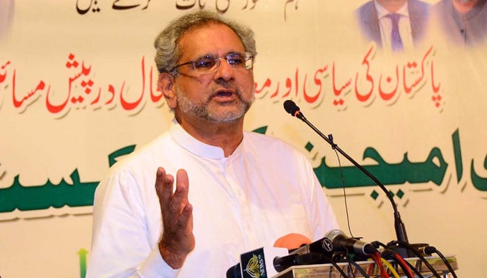 Former Prime Minister Shahid Khaqan Abbasi addresses a gathering in Hyderabad on June 12, 2023. — PPI