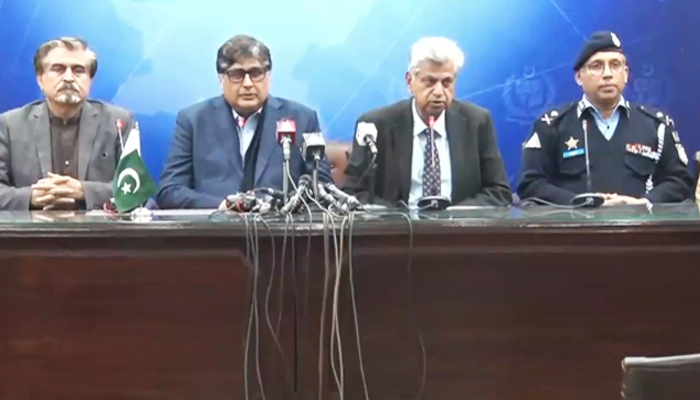 (From left to right) Caretaker ministers Jamal Shah, Fawad Hassan Fawad, and Murtaza Solangi address a joint press conference in Islamabad on December 21, 2023, in this still taken from a video. — YouTube/GeoNews