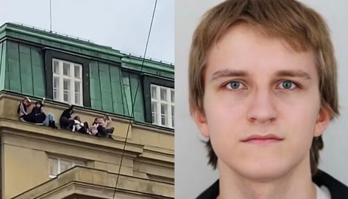 Images and videos on social media show eight students perched on a ledge to hide from the gunman (L) and David Kozak has been identified as the gunman (R).—Instagram/Czech Police