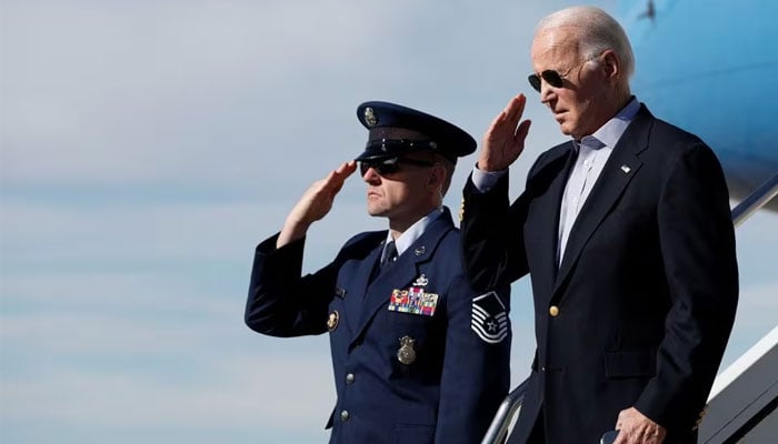 US President Joe Biden salutes upon arrival in Pueblo, Colorado, U.S., November 29, 2023. — Reuters