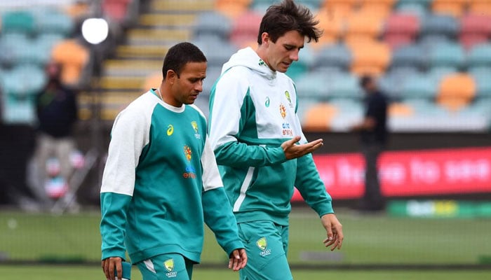Australian batter Usman Khawaja with his skipper Pat Cummins. — Cricket Australia