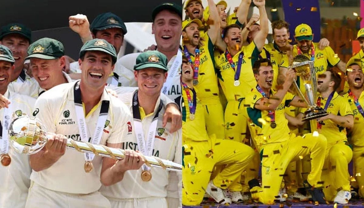 Australias skipper Pat Cummins holds the World Test Championship (left) and ICC World Cup 2023. — ICC /Reuters/File