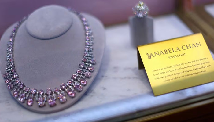 Jewellery produced from recycled and refined aluminium and sustainable lab-grown gemstones by jeweller Anabela Chan are displayed in her boutique in London, Britain, December 13, 2023.—Reuters