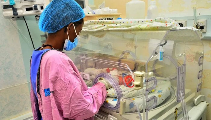 This picture shows a nurse attending to Safina Namukwayas premature newborns in an incubator. — WHI&FC
