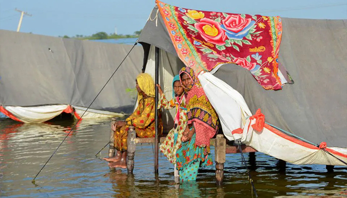 Flood victim family take refuge with their belongings as floodwater rises, following rains and floods during the monsoon season in Sohbatpur, Pakistan September 4, 2022. — Reiters