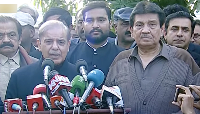 PML-N President Shehbaz Sharif (left) and ex-PPP leader Faisal Saleh Hayat speaking to the media in this still taken from a video on December 27, 2023. — Geo News