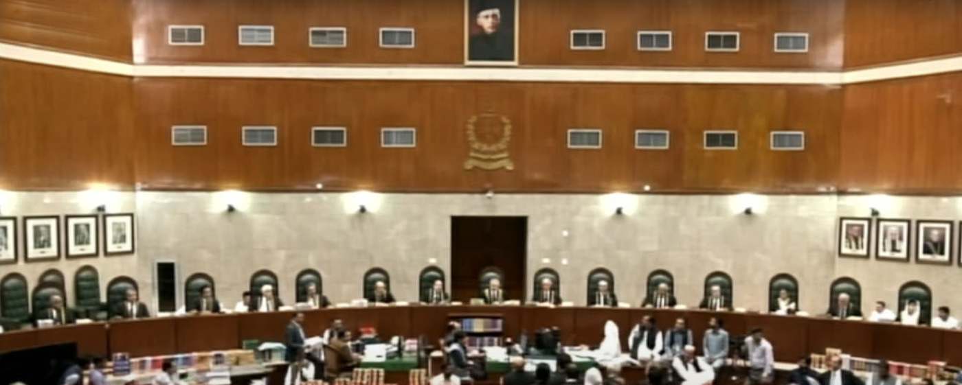 Full court, headed by CJP Qazi Faez Isa and comprising 14 other judges, hears the petitions against a law clipping the CJPs powers at the Supreme Court in Islamabad, on September 18, 2023, in this still taken from a video. — Geo News