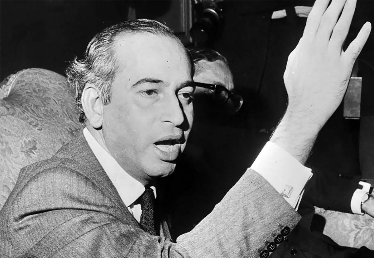 Former prime minister Zulfiqar Ali Bhutto gestures in this undated image.