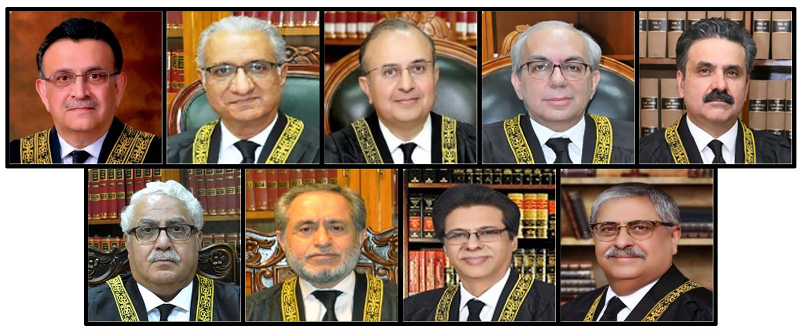 (Left to right) Ex-CJP Umar Ata Bandial, Justice Ijaz Ul Ahsan, Justice Syed Mansoor Ali Shah, Justice Munib Akhtar, Justice Yahya Afridi, Justice Sayyed Mazahar Ali Akbar Naqvi, Justice Jamal Khan Mandokhail, Justice Muhammad Ali Mazhar, Justice Athar Minallah. — Supreme Court