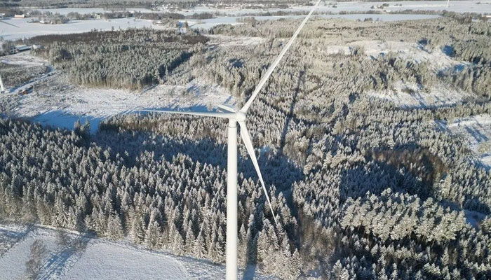 The blades and generator from this 150m wind turbine in Skara, Sweden, are made of conventional materials.—Modvion