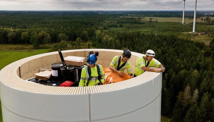 Engineers work on the construction of the worlds tallest wooden turbine tower.—Modvion