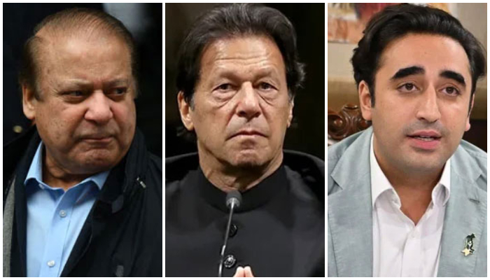 (From left) PML-N supremo Nawaz Sharif, PTI founder Imran Khan and PPP Chairman Bilawal Bhutto-Zardari. — AFP/Geo.tv/X/@ForeignOfficePk/File