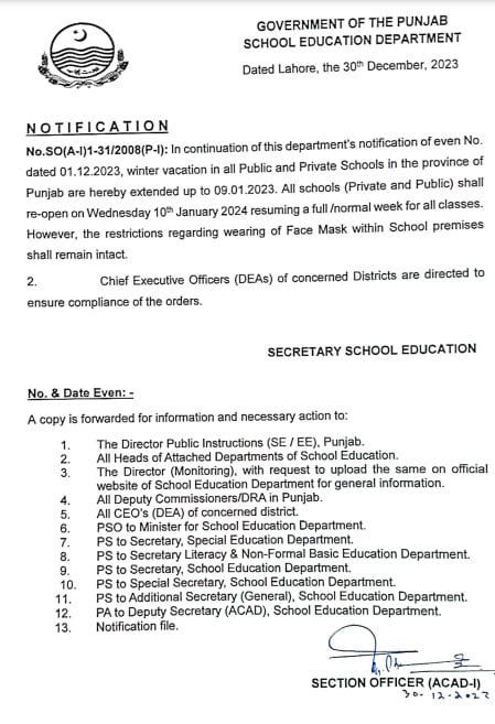 Punjab extends winter vacations for schools