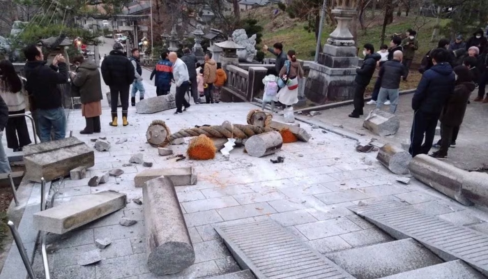 Collapsed Torii Gate caused by an earthquake is seen at Onohiyoshi Shrine in Kanazawa, Ishikawa prefecture, Japan January 1, 2024. — Reuters