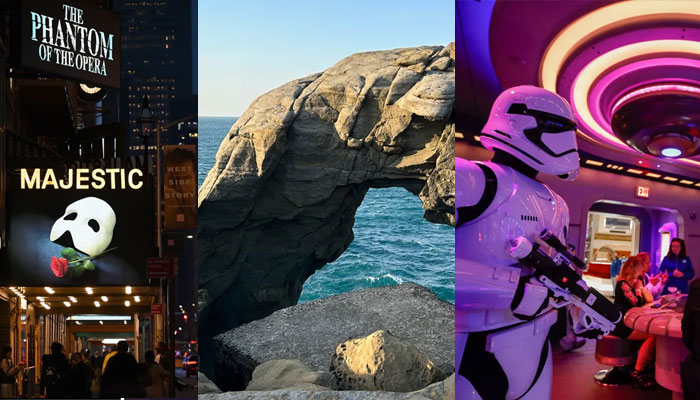 Phantom of the Opera NY city (L), Elephant Trunk Rock, Taiwan (Center) andStar Wars: Galactic Cruiser, Disney World(R). -AFP/LA Times/CNN