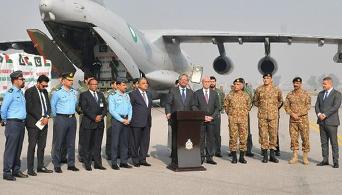 Interim Foreign Minister Jalil Abbas Jilani speaking to journalists at Nur Khan Airbase on January 1, 2024. — X/ForeignOfficePK