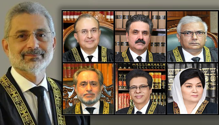 CJP Qazi Faez Isa (left) (clockwise) Justice Syed Mansoor Ali Shah, Justice Yahya Afridi, Justice Aminuddin Khan, Justice Jamal Khan Mandokhel, Justice Muhammad Ali Mazhar, and Justice Musarat Hilali. — Supreme Court