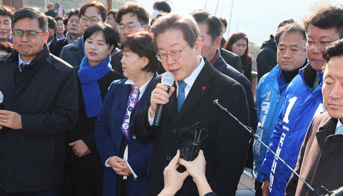 South Koreas opposition party leader Lee Jae-myung speaks during his visit to Busan, South Korea, January 2, 2024. — Reuters via Yonhap