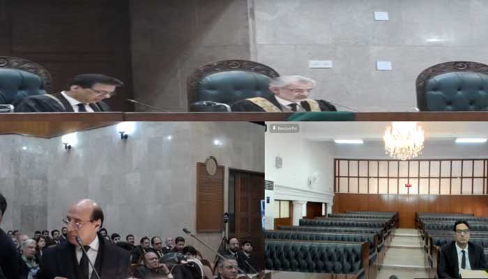 SC bench led by CJP Qazi Faez Isa conducts a hearing on PTIs plea against ECP in this still taken from a video on January 3, 2024. — GeoNews/YouTube