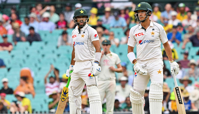 Pakistans Aamer Jamal (L) reacts during the first day of the third cricket Test match between Australia and Pakistan at the Sydney Cricket Ground in Sydney on January 3, 2024. — AFP