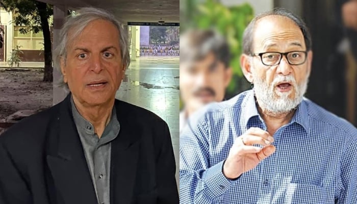 Veteran politician Makhdoom Javaid Hashmi and PML-N leader Sheikh Rohail Asghar. — X/JavedHashmiJH/APP