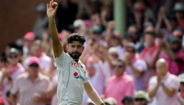 Pakistans Aamer Jamal celebrates his six wickets in first innings during day three of the third cricket Test match between Australia and Pakistan at the Sydney Cricket Ground in Sydney on January 5, 2024. — AFP