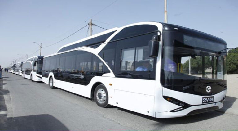 A long queue of electric buses. — APP/File