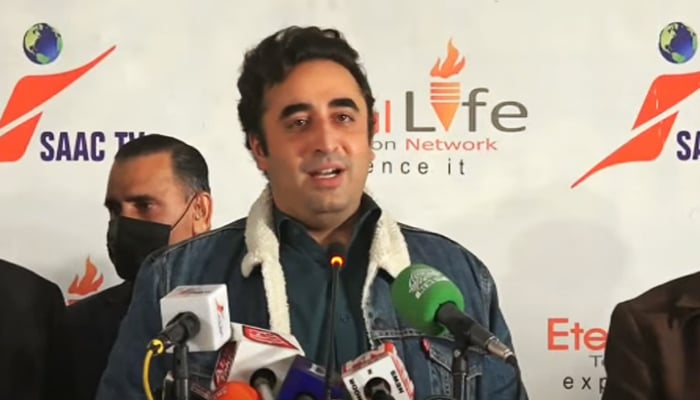 PPP Chairman Bilawal Bhutto Zardari addressing press conference in Lahore on January 6, 2024 in this still taken from a video. — HumNews/YouTube