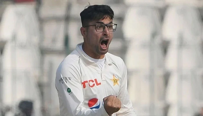 Pakistan’s Abrar Ahmed reacts after taking a wicket. — AFP