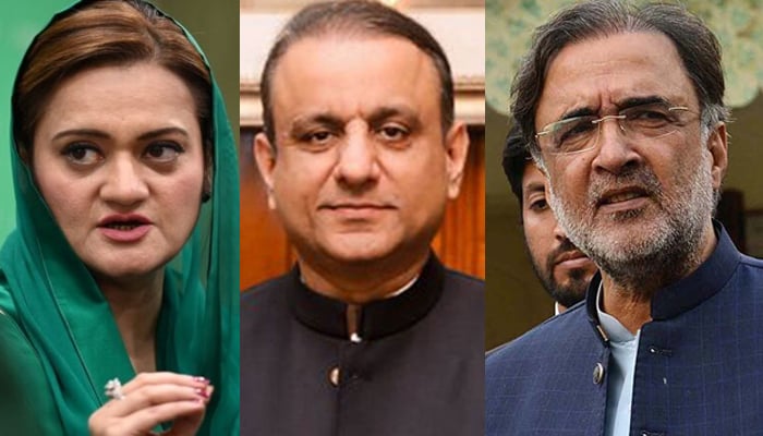 (Left to right) Pakistan Muslim League Nawaz Information Secretary Marriyum Aurangzeb, Istehkam-e-Pakistan Party President Abdul Aleem Khan, and Pakistan Peoples Party senior leader Qamar Zaman Kaira. — PID/APP/File