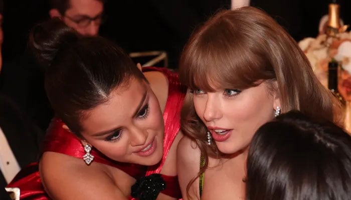 Selena Gomez was spotted gossiping hard with pals Taylor Swift and Keleigh Teller at the Golden Globes