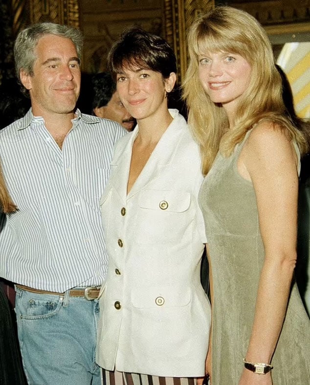 Gwendolyn Beck (far right) is pictured with Jeffrey Epstein and Ghislaine Maxwell at Mar-a-Lago in 1995.—Daily Mail
