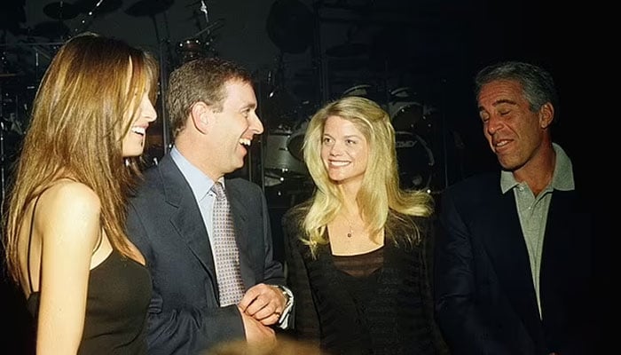 Melania Knauss, Prince Andrew, Gwendolyn Beck and Jeffrey Epstein at Mar-a-Lago in February 2000.—Daily Mail