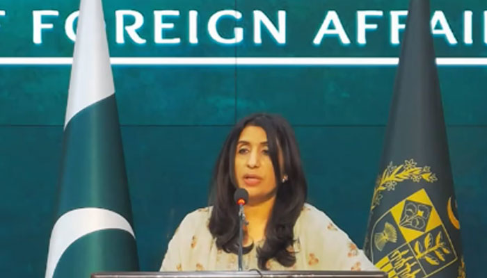 Foreign Office Spokesperson Mumtaz Zahra Baloch speaks during the FOs weekly briefing in Islamabad on January 11, 2024, in this still taken from a video. — X/ForeignOfficePk