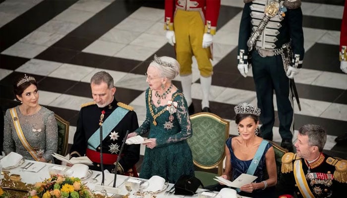 ] Denmarks Queen Margrethe delivers a speech as she stands next to Danish Crown Princess Mary, Spains King Felipe, Spains Queen Letizia and Danish Crown Prince Frederik during the State Banquet at Christiansborg Castle in Copenhagen, Denmark, November 6, 2023. —Reuters