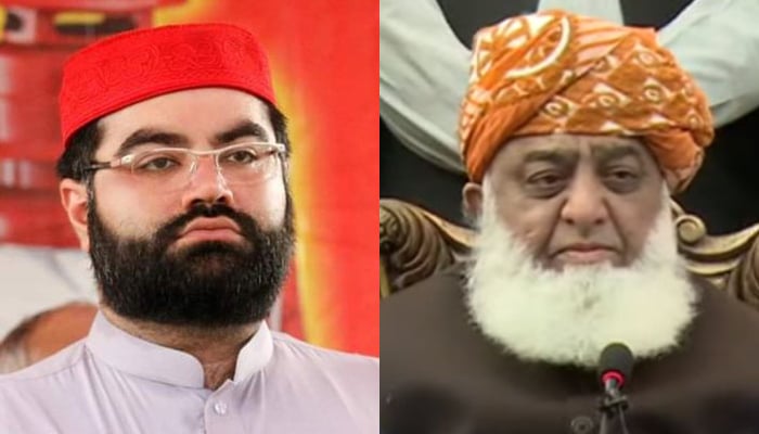 Awami National Party’s (ANP) leader Aimal Wali Khan (left) and JUI-F Chief Maulana Fazlur Rehman. —APP/X/@NazarBuneri/File