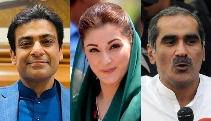 Pakistan Muslim League-Nawaz (PML-N) leader Hamza Shehbaz, Vice-President Maryam Nawaz, and party leader Khawaja Saad Rafique. — Geo.tv/AFP/Files