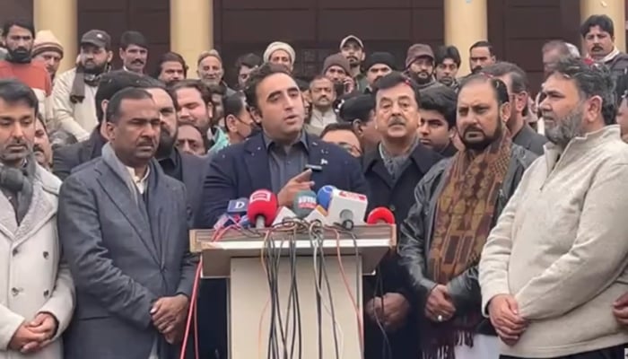 PPP Chairman Bilawal Bhutto Zardari is addressing media outside PMLN Senator Rana Mahmood ul Hassan’s house in Multan on January 13, 2024. —Screengrab/@PPP_org