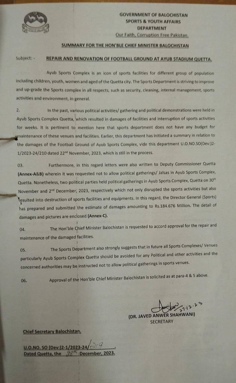 The secretary sports writes to the caretaker chief minister Balochistan informing him that political gatherings at the Ayub Complex have led to damages of Rs184.676 million. (Date: December 28, 2023)