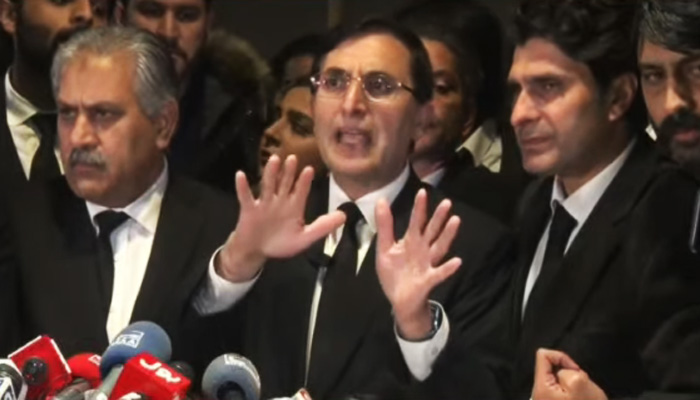 PTI leader Barrister Gohar Ali Khan addressing a press conference in Islamabad, on January 13, 2024, in this still taken from a video. — Geo News